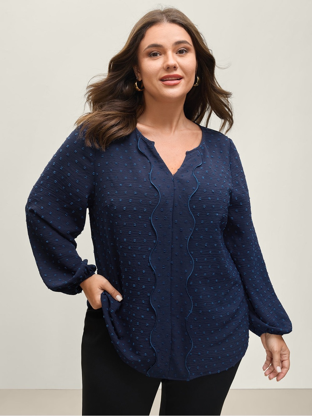 BloomChic Navy Textured V-Neck Long-Sleeve Blouse